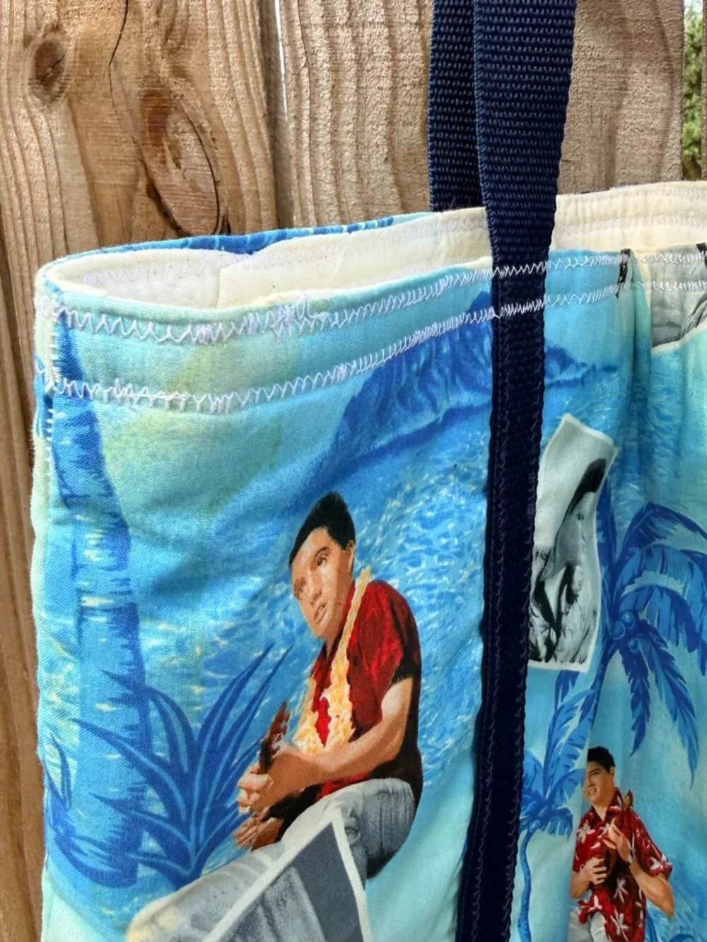 Vintage Elvis Presley Hawaiian Tote Bag Blue Tropical Beach Quilted Large